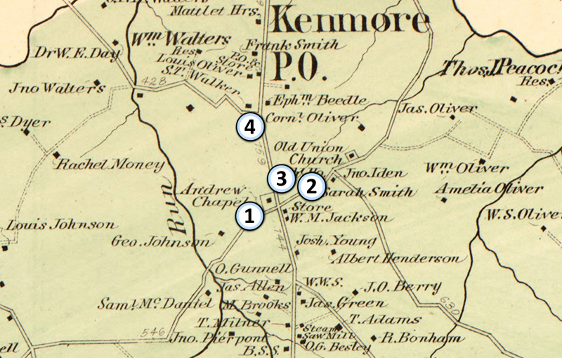 Detail of a map with numbered points showing the locations of historic schools in the vicinity of Colvin Run Elementary School.
