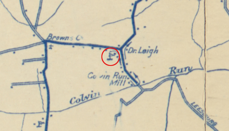 Detail of the 1912 Rural Delivery Routes map of Fairfax County, highlighting the location of the second Colvin Run School.